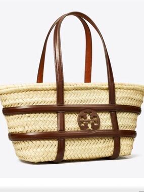 TORY BURCH Woven Straw Tote with Brown Leather Trim